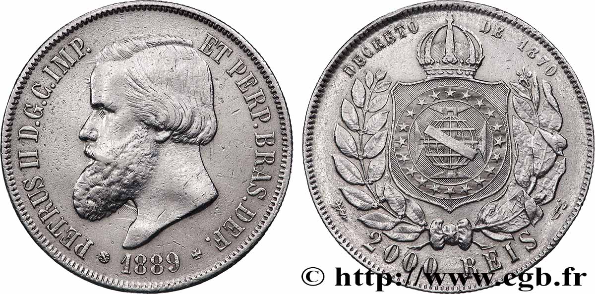 BRÉSIL - EMPIRE DU BRÉSIL - PIERRE II 2000 Reis Empereur 1889 Rio de Janeiro TTB