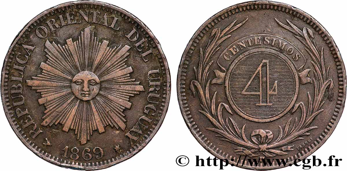 URUGUAY 4 Centesimos 1869 Paris TTB+