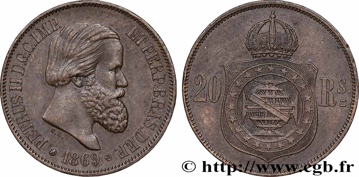 BRASILE 20 Réis Pierre II 1869 Rio de Janeiro q.SPL