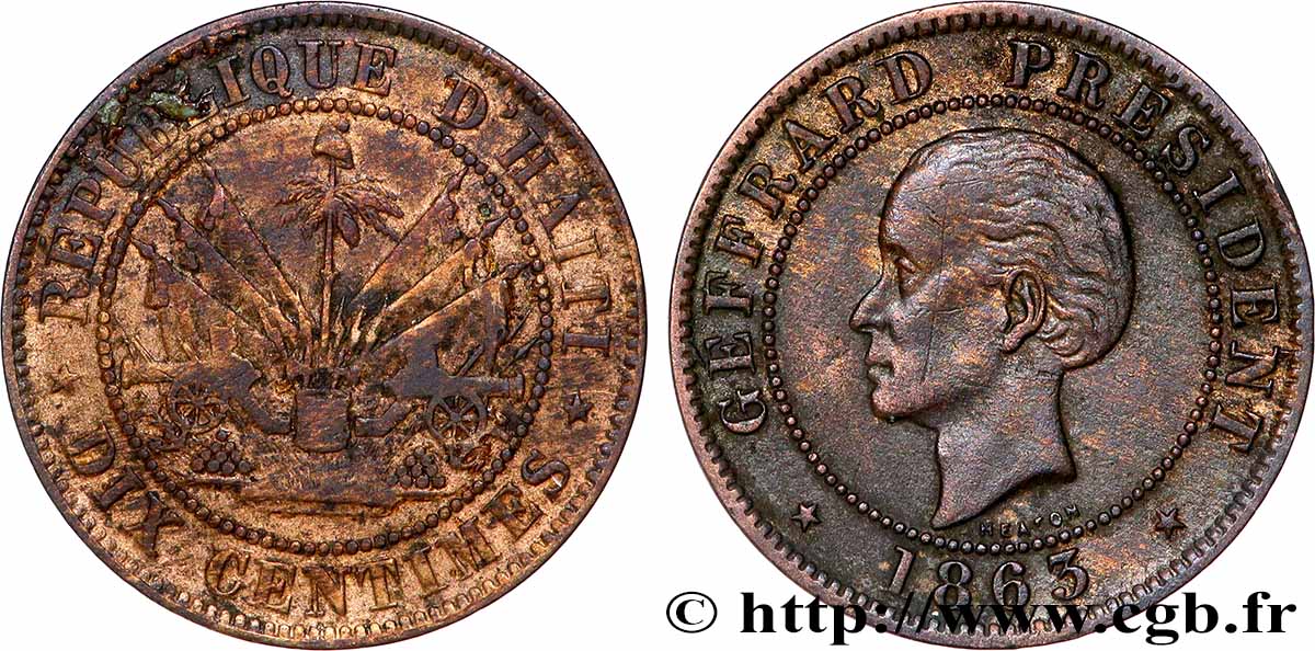 HAÏTI 10 Centimes président Geffrard 1863 Heaton TTB