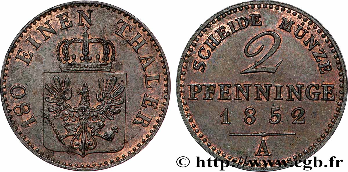 GERMANY - PRUSSIA 2 Pfenninge Royaume de Prusse écu à l’aigle 1852 Berlin AU