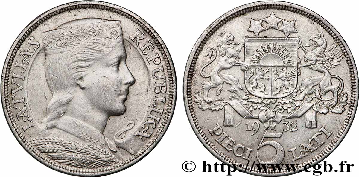 LATVIA 5 Lati 1932 AU