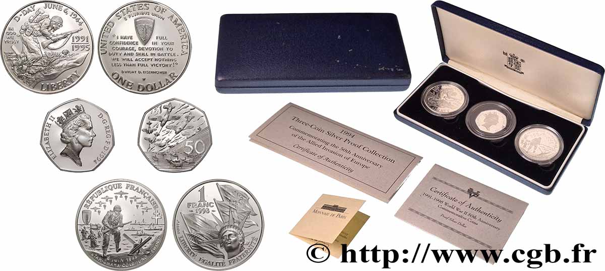 WELTMÜNZEN LOTS Coffret 50 pence, 1 dollar, 1 Franc commémorant le D-DAY 1993-1995 - ST