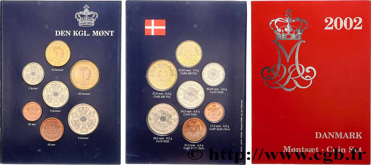 DANEMARK Série 7 Monnaies Margrethe II 2002 FDC