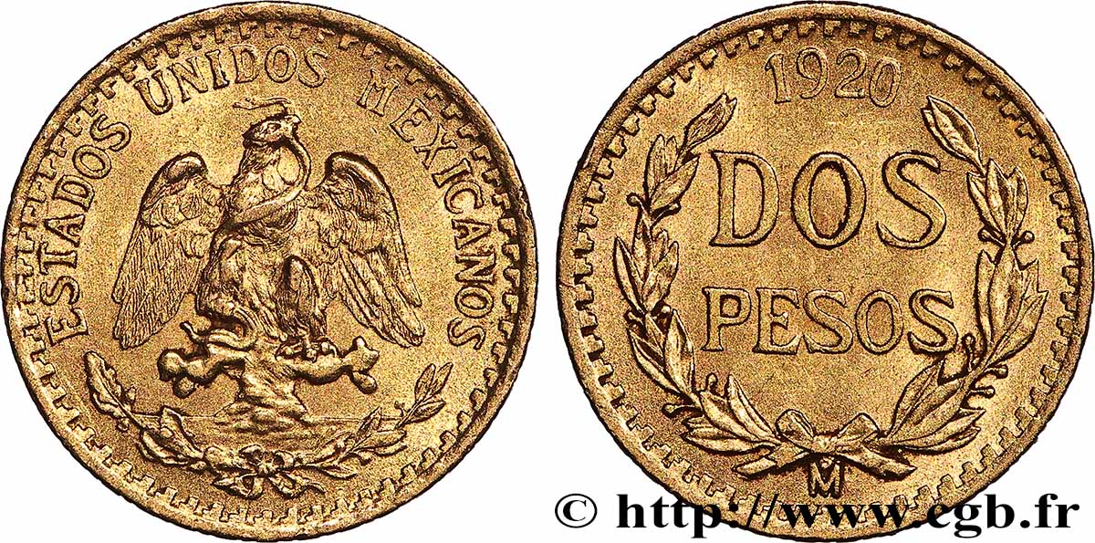 GOLD, PALLADIUM & PLATINUM INVESTMENT 2 Pesos or Aigle du Mexique 1920 Mexico AU