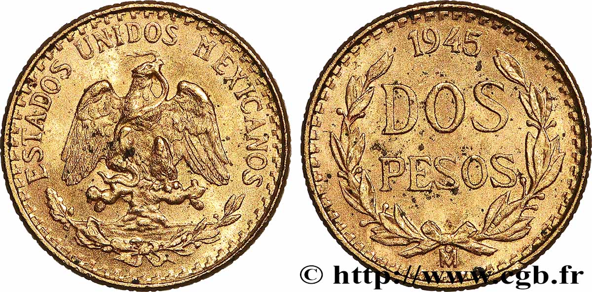 GOLD, PALLADIUM & PLATINUM INVESTMENT 2 Pesos 1945 Mexico AU