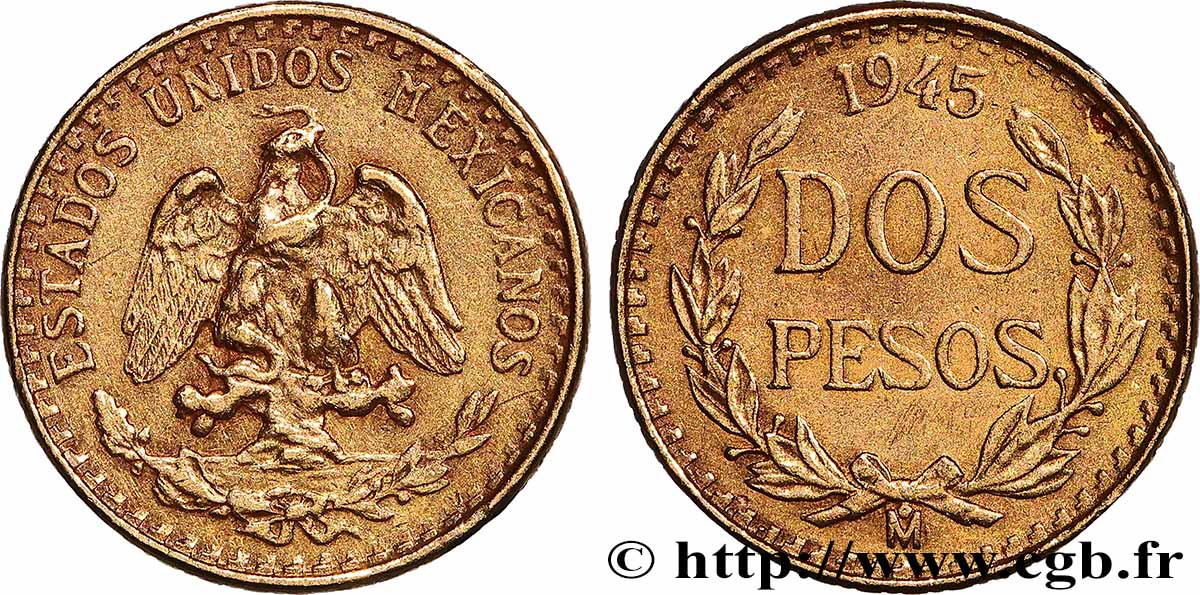 GOLD, PALLADIUM & PLATINUM INVESTMENT 2 Pesos 1945 Mexico AU