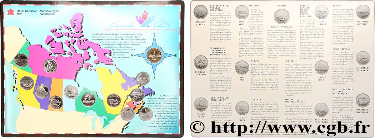 CANADA Lot de 12 monnaies de 25 Cents 125e anniversaire de la Confédération + 1 Dollar 1992 MS
