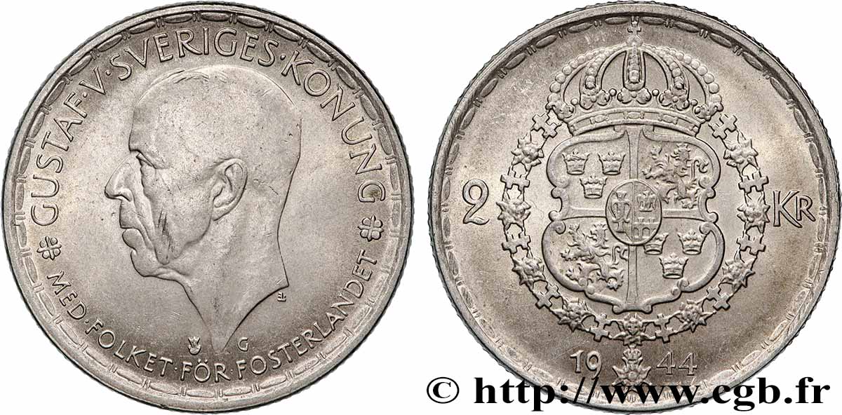 SWEDEN 2 Kronor Gustave V 1944 AU