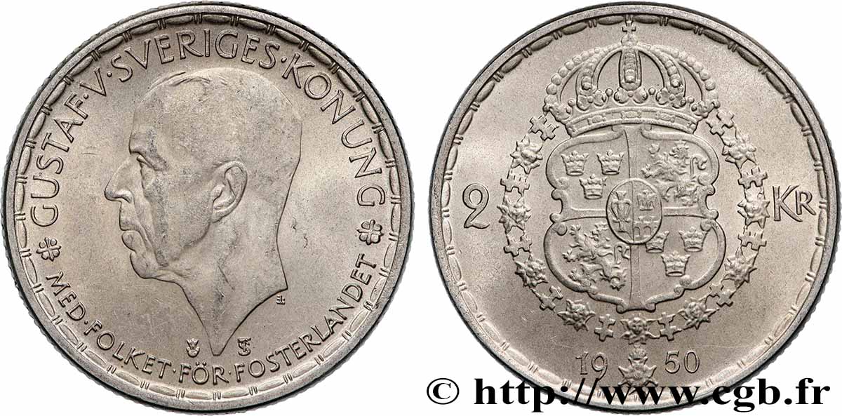 SCHWEDEN 2 Kronor Gustave V 1950 VZ
