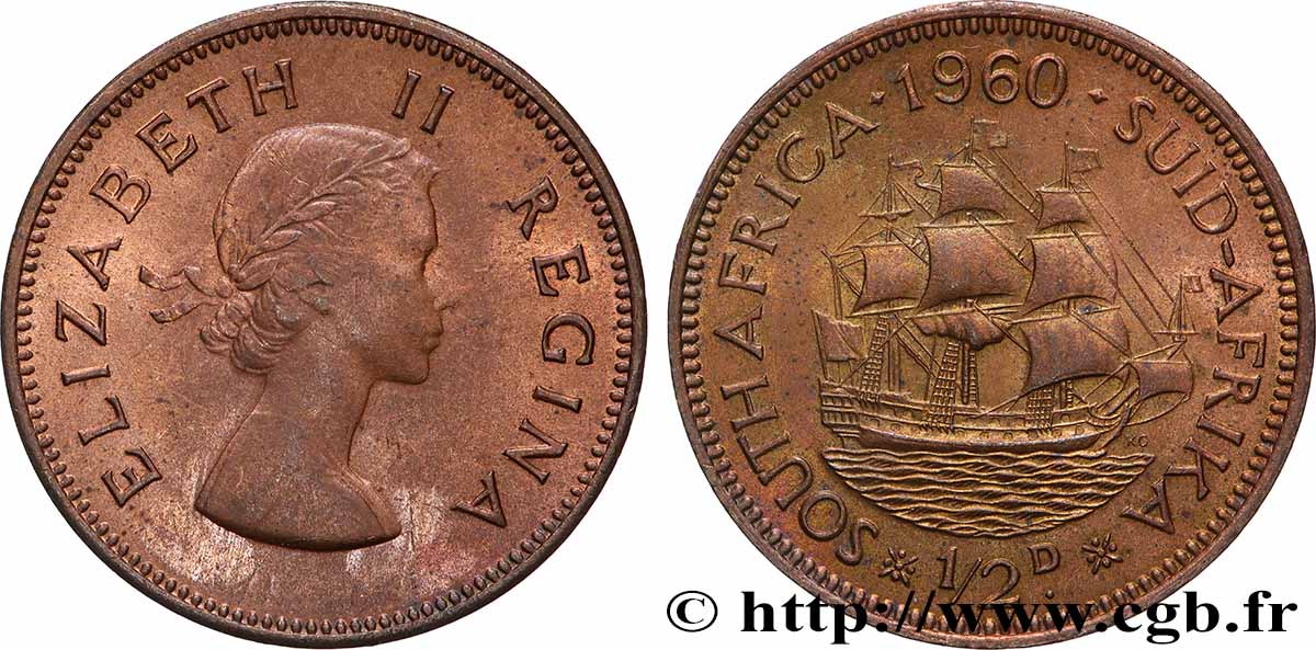 SOUTH AFRICA 1/2 Penny (Farthing) Elisabeth II / voilier 1960 AU