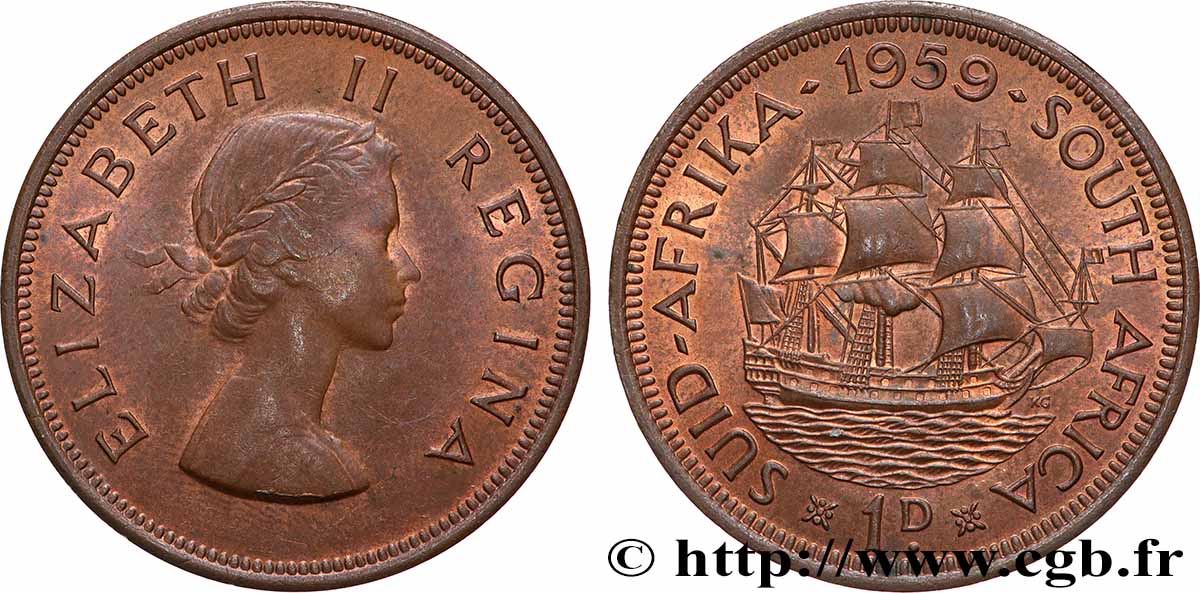 SOUTH AFRICA 1 Penny Elisabeth II / voilier 1959 AU