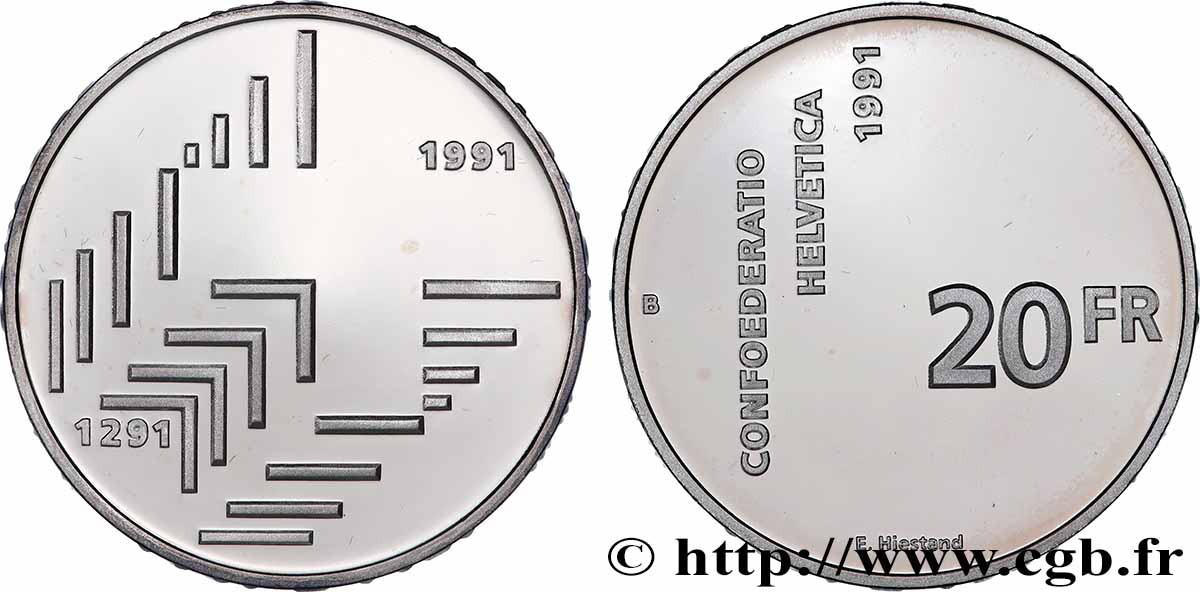 SWITZERLAND 20 Francs Proof 700e anniversaire de la confédération helvétique 1991 Berne MS
