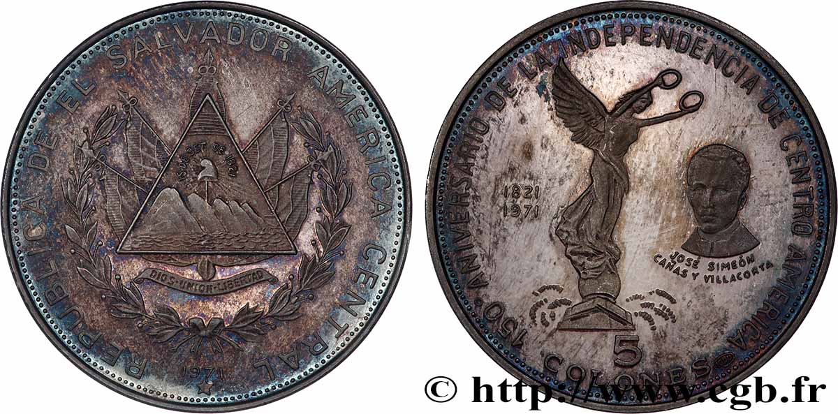 EL SALVADOR 5 Colones Proof 150e anniversaire de l’indépendance 1971 Vereinigte Deutsche Metall fST