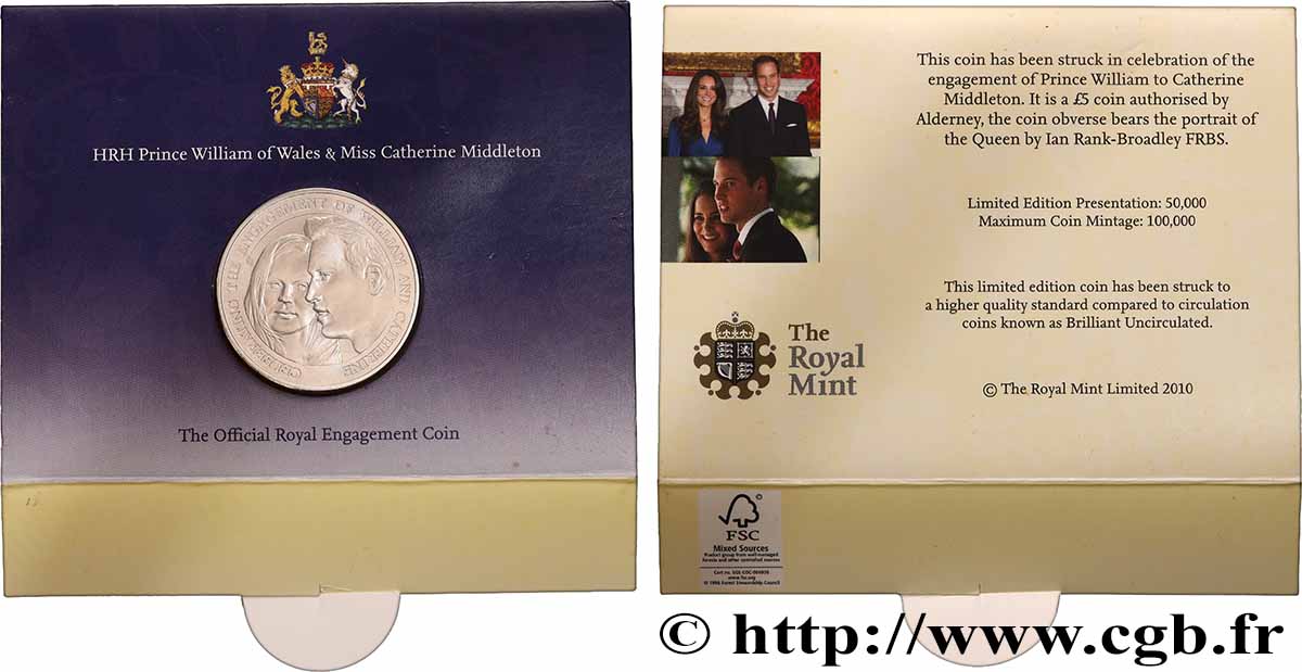 AURIGNY 5 Pounds (5 Livres) fiançailles de William et Catherine 2010 FDC