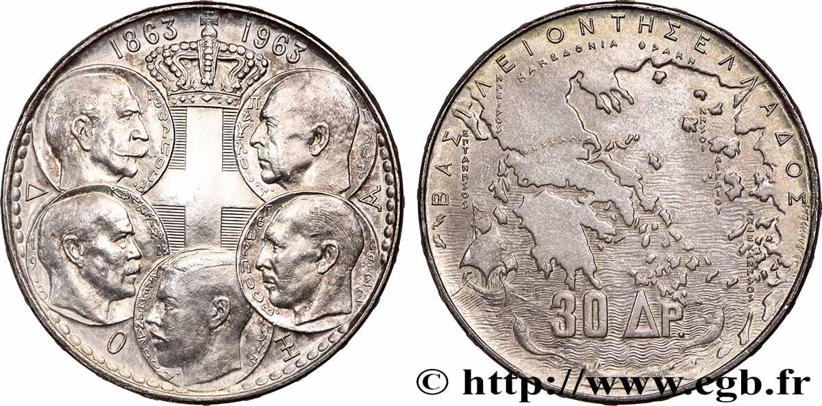 GRECIA 30 Drachmes Centenaire de la dynastie danoise 1963 Paris q.SPL