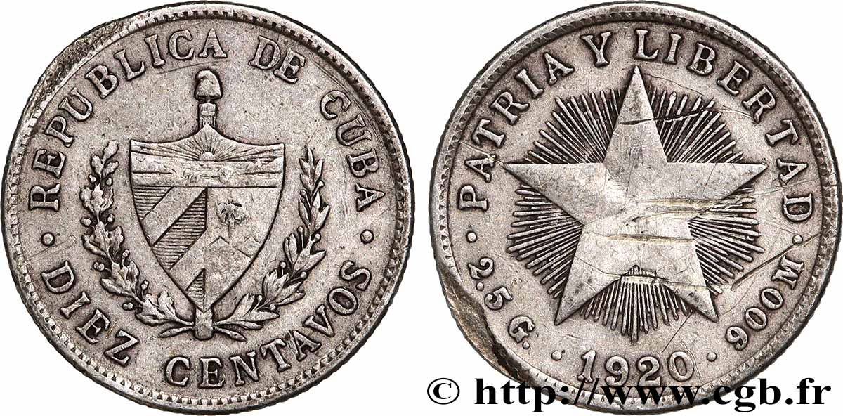 CUBA 10 Centavos emblème 1920 Philadelphie MBC