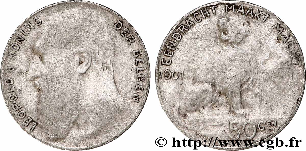 BELGIUM 50 Centiemen (Centimes) Léopold II légende flamande 1901 Bruxelles VF
