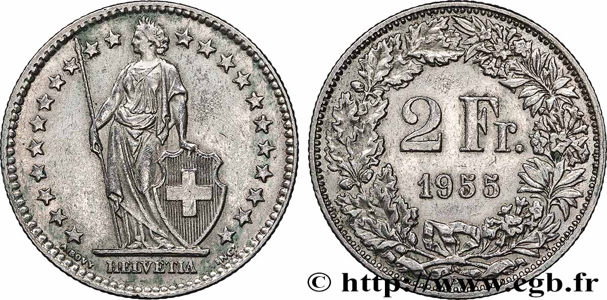 SVIZZERA 2 Francs Helvetia 1955 Berne q.SPL