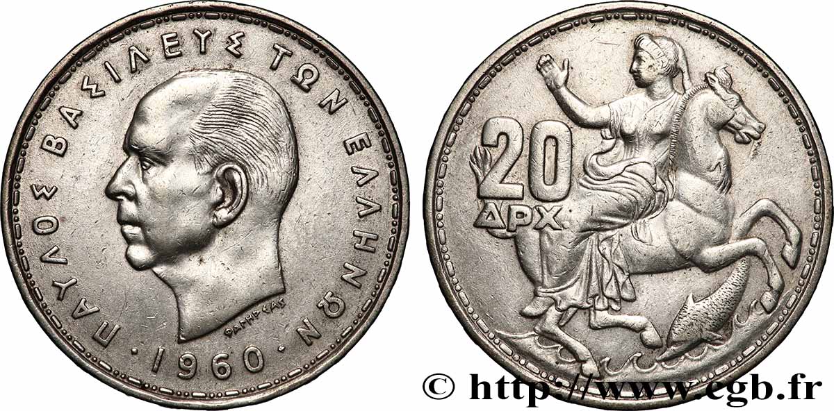 GRÈCE 20 Drachmes Paul Ier 1960 Athènes TTB