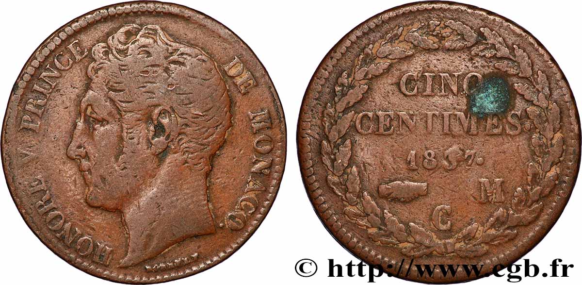 MONACO 5 Centimes Honoré V grosse tête en cuivre rouge 1837 Monaco S