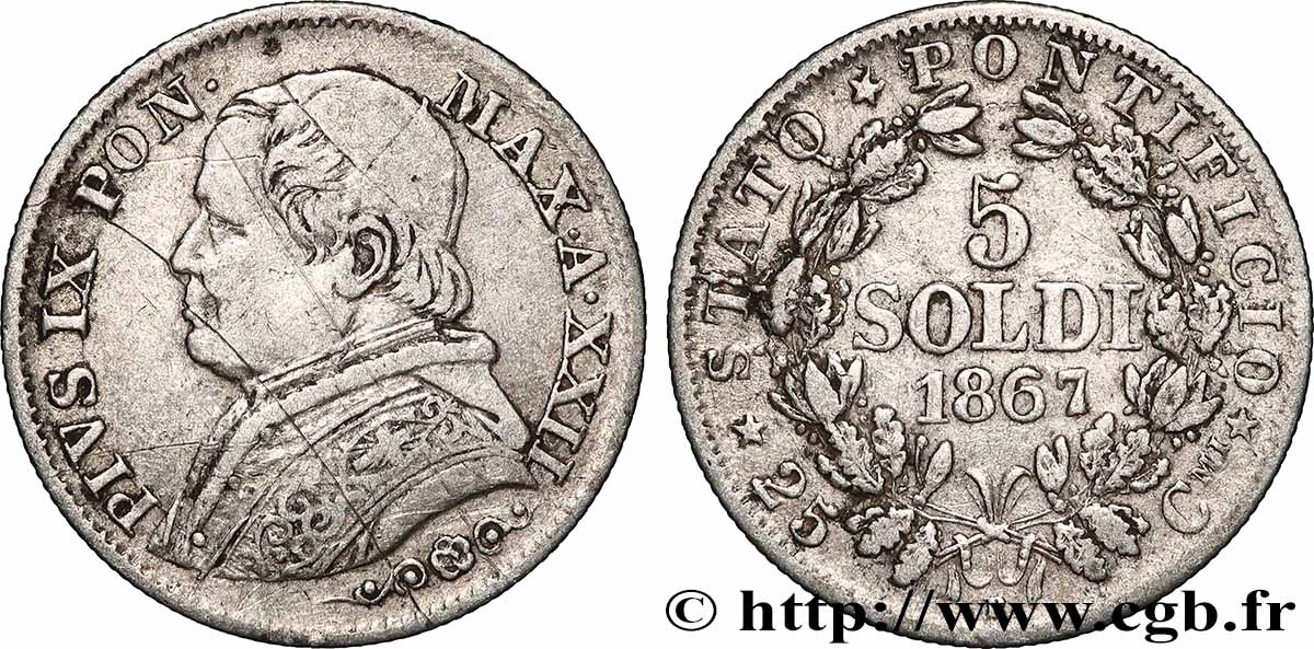 VATICAN AND PAPAL STATES 5 Soldi Pie IX an XXII 1867 Rome XF
