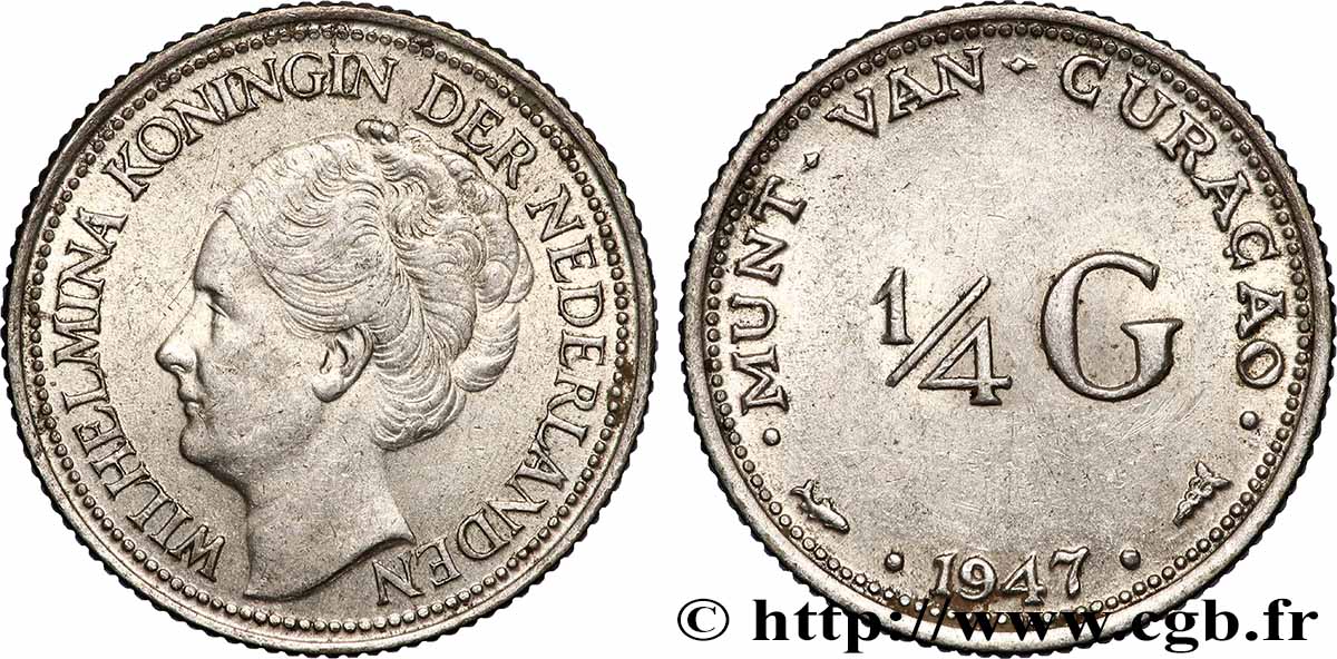 CURACAO 1/4 Gulden reine Wilhelmina 1947 Utrecht AU