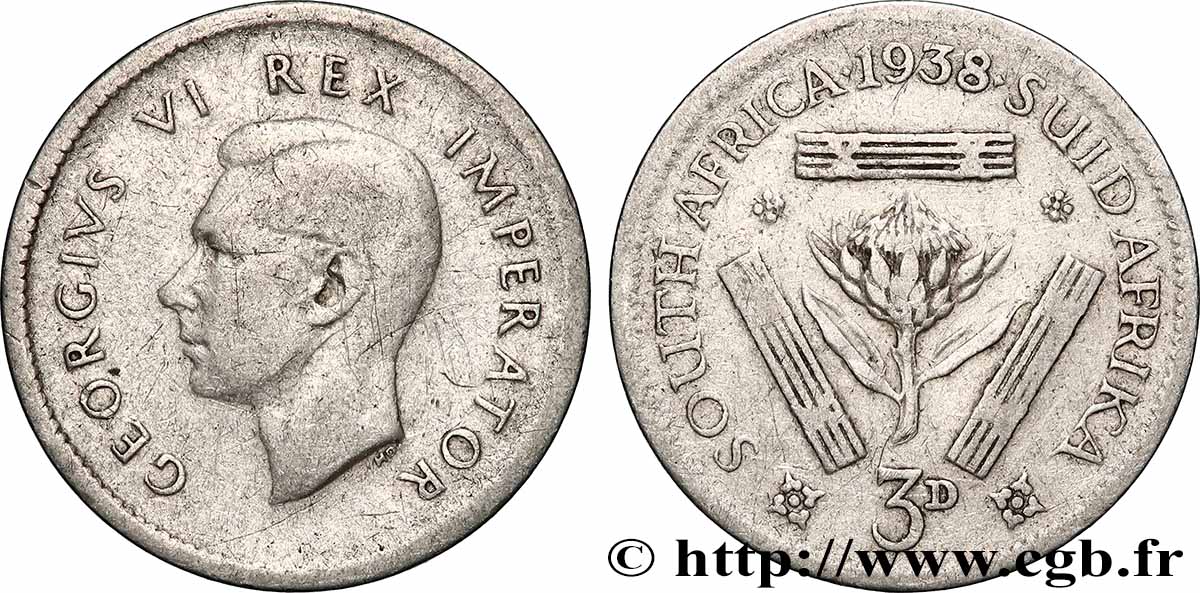 AFRIQUE DU SUD 3 Pence Georges VI 1938 Pretoria TB