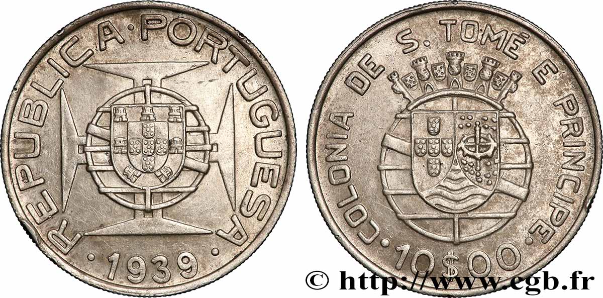 SAINT THOMAS et PRINCE 10 Escudos colonie portugaise 1939 Lisbonne TTB