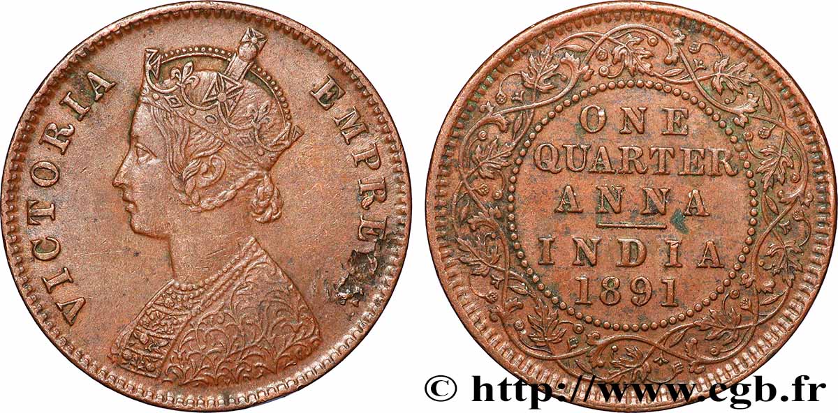 INDES BRITANNIQUES 1/4 Anna Victoria 1891 Calcutta TTB