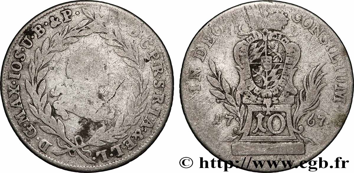 ALLEMAGNE - ÉLECTORAT DE BAVIÈRE - MAXIMILIEN III JOSEPH 10 Kreuzer 1767 Munich TB