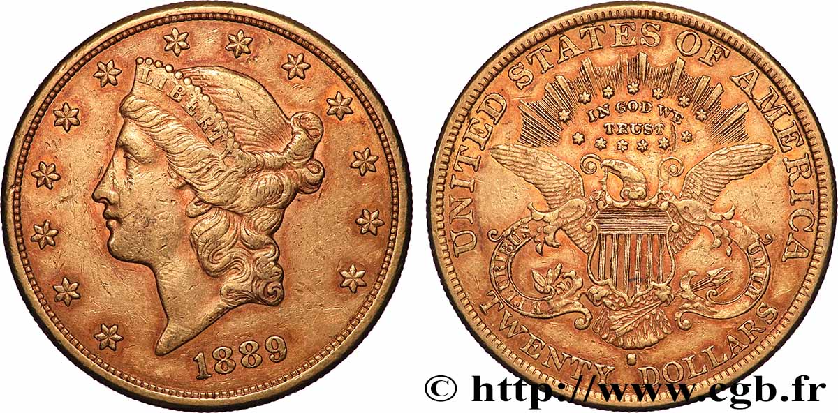 OR, PALLADIUM ET PLATINE INVESTISSEMENT 20 Dollars Liberty 1889 San Francisco TTB+