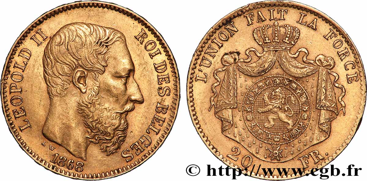 OR, PALLADIUM ET PLATINE INVESTISSEMENT 20 Francs Léopold II 1868 Bruxelles TTB+
