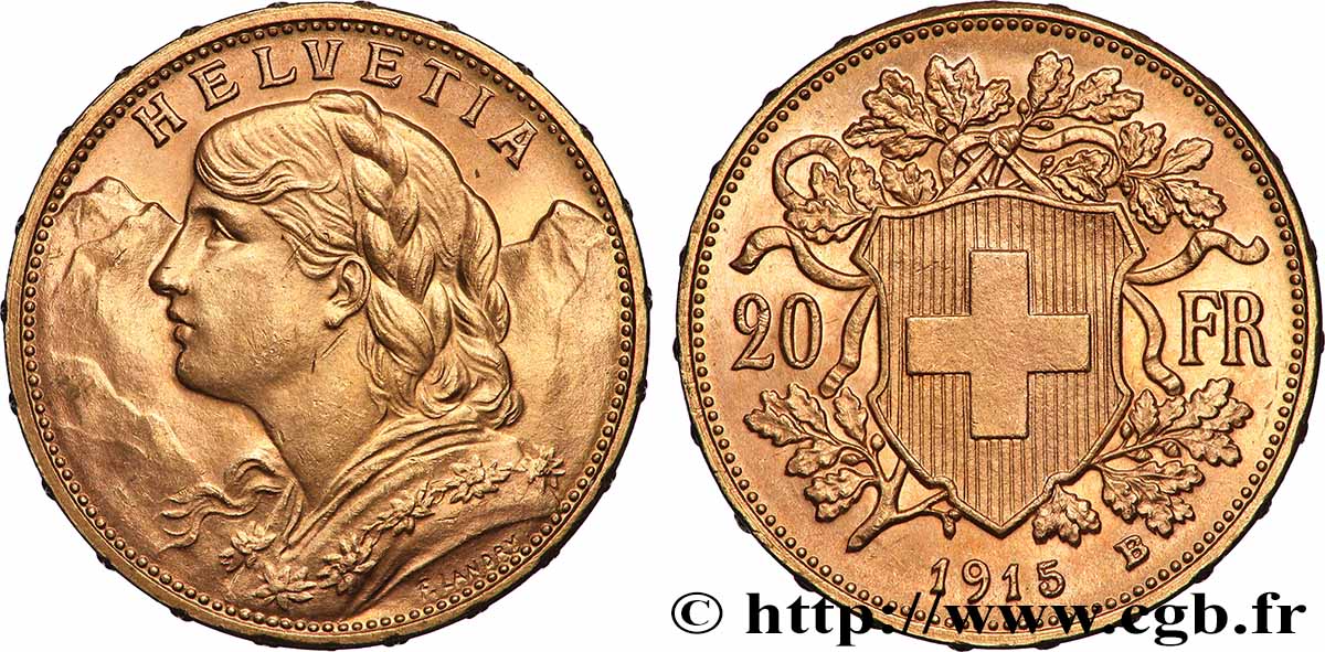 GOLD, PALLADIUM & PLATINUM INVESTMENT 20 Francs Vreneli 1915 Berne AU