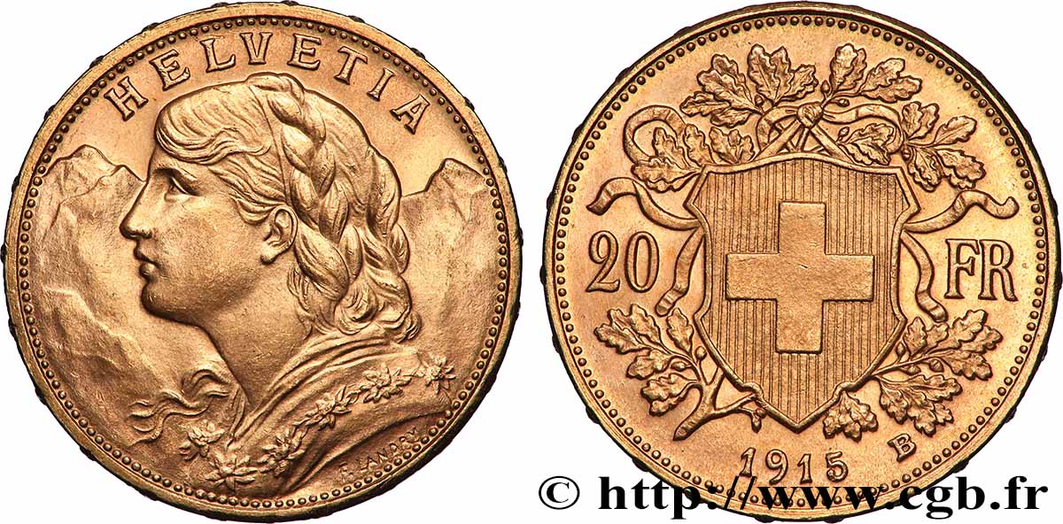 GOLD, PALLADIUM & PLATINUM INVESTMENT 20 Francs Vreneli 1915 Berne MS