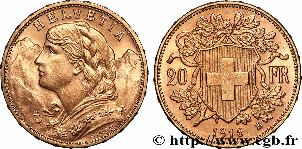 GOLD, PALLADIUM & PLATINUM INVESTMENT 20 Francs Vreneli 1915 Berne MS