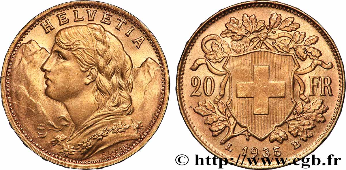 GOLD, PALLADIUM & PLATINUM INVESTMENT 20 Francs Vreneli 1935 Berne MS