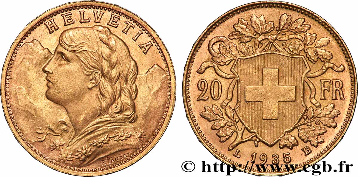 GOLD, PALLADIUM & PLATINUM INVESTMENT 20 Francs Vreneli 1935 Berne AU