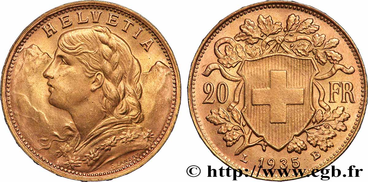 GOLD, PALLADIUM & PLATINUM INVESTMENT 20 Francs Vreneli 1935 Berne AU