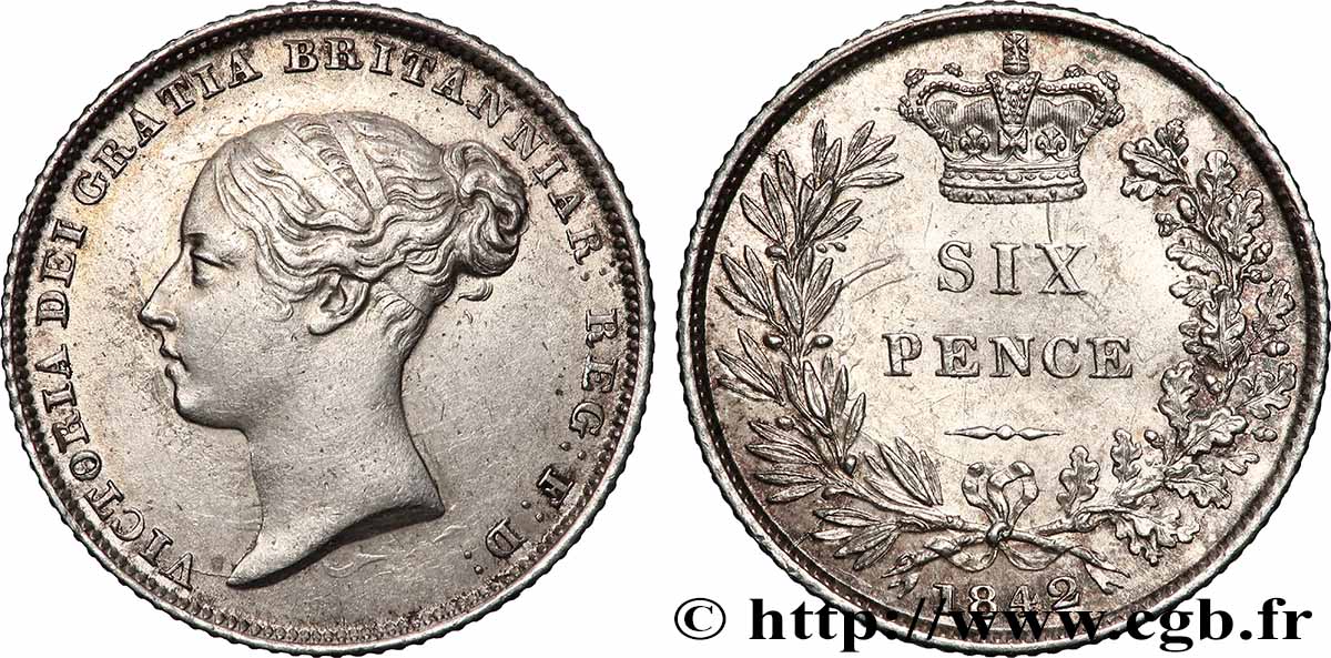 VEREINIGTEN KÖNIGREICH 6 Pence Victoria tête jeune 1842 Londres VZ