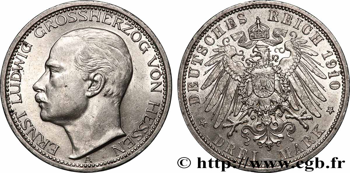 DEUTSCHLAND - HESSEN 3 Mark Ernest Louis V 1910 Berlin VZ+