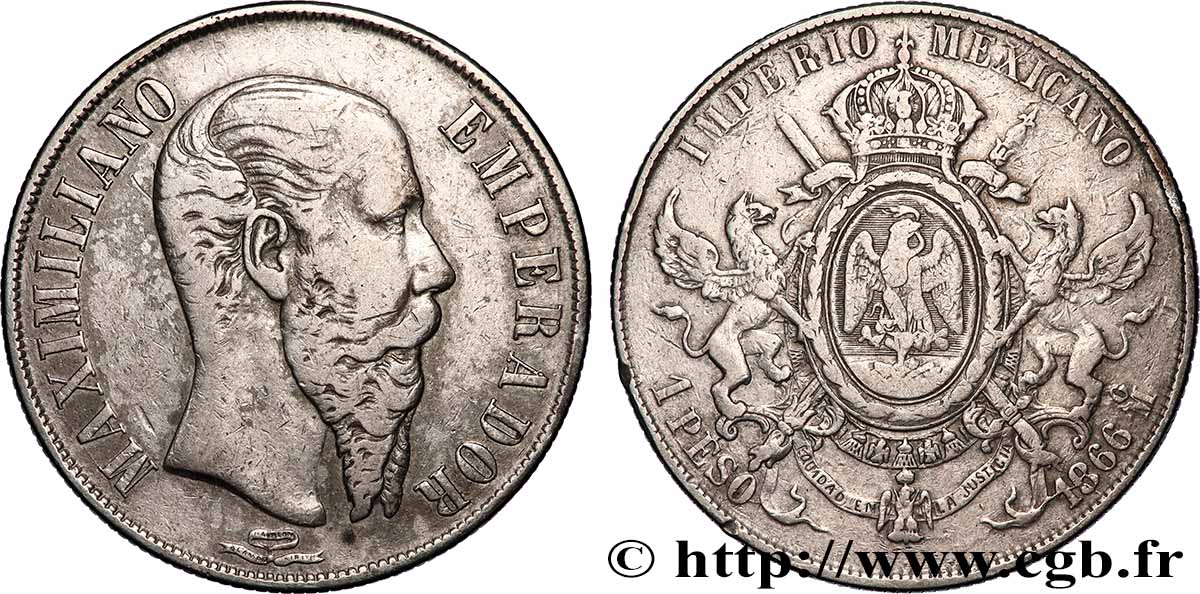 MEXIQUE - MAXIMILIEN Ier 1 Peso Empereur 1866 Mexico fSS/SS