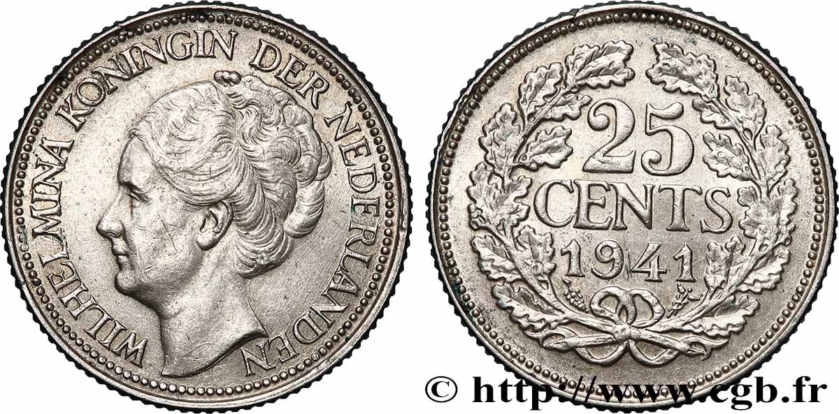 NETHERLANDS 25 Cents Wilhelmine 1941 Utrecht AU