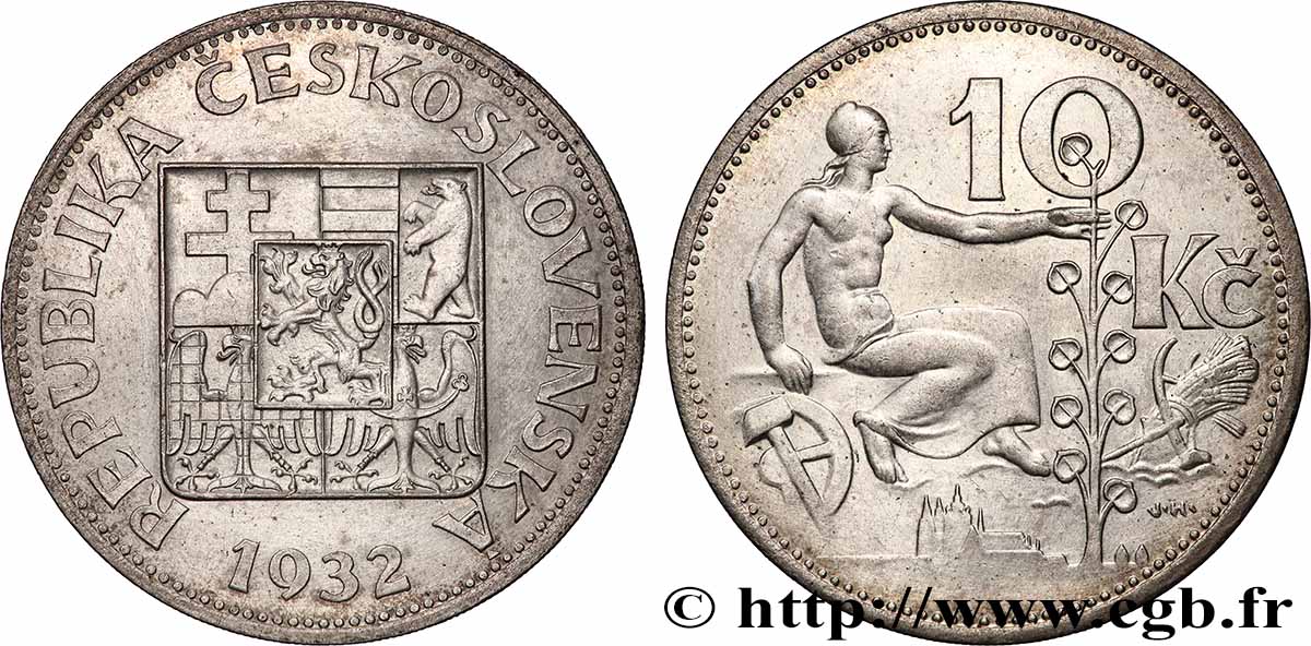 CZECHOSLOVAKIA 10 Korun alégorie du travail 1932 AU