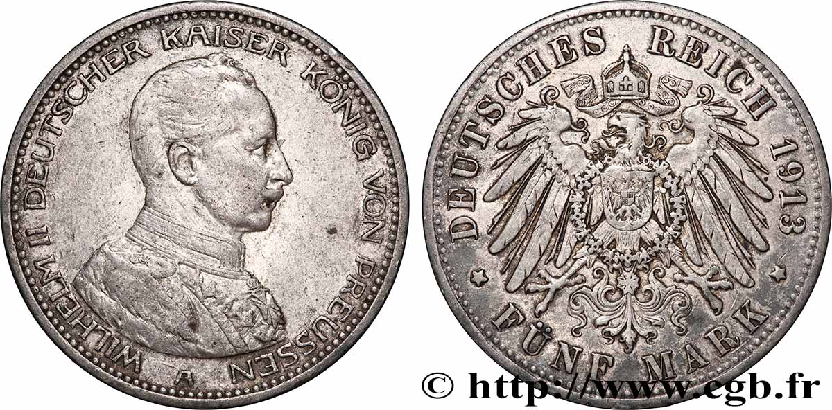 ALLEMAGNE - ROYAUME DE PRUSSE - GUILLAUME II 5 Mark 1913 Berlin TTB