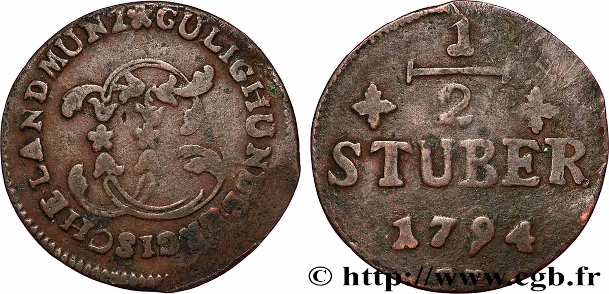 ALLEMAGNE - JULIERS-BERG 1/4 Stuber Duché de Jülich-Berg Carl Théodore de Bavière 1794 Düsseldorf TB+