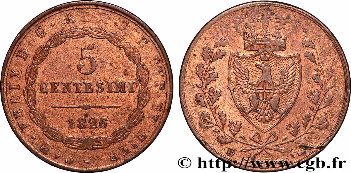 ITALY - KINGDOM OF SARDINIA 5 Centesimi type au “P” 1826 Turin VF
