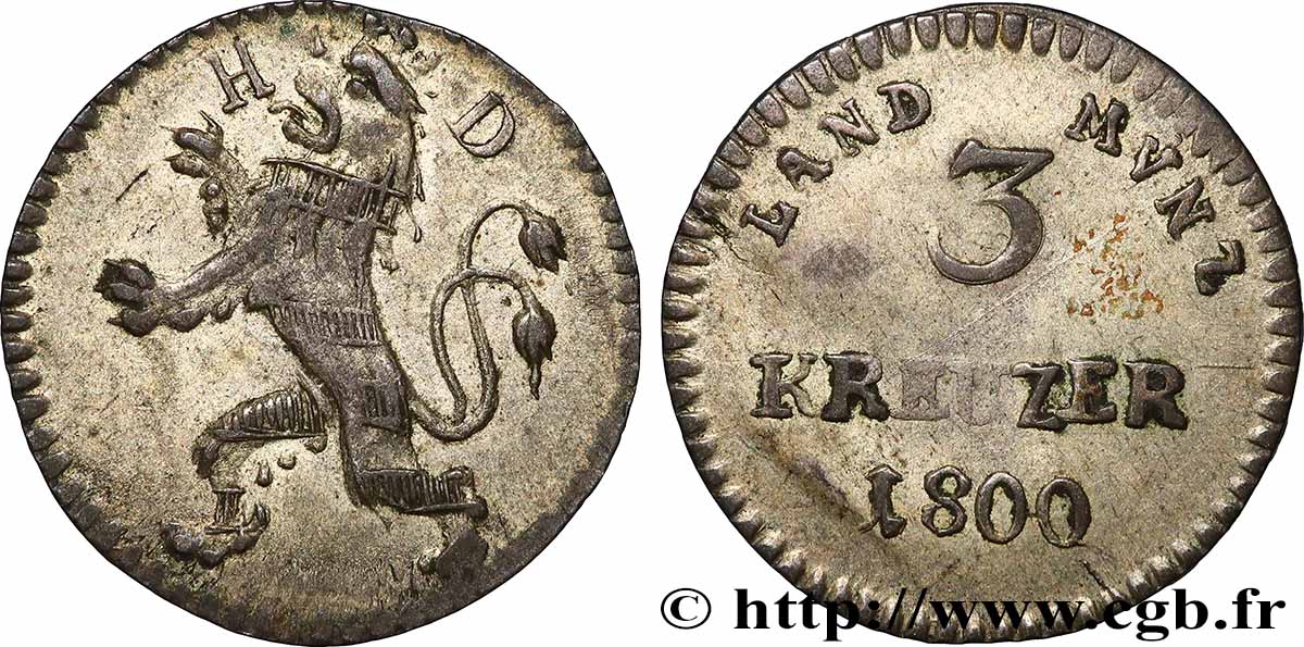 ALLEMAGNE - HESSE-DARMSTADT 3 (III) Kreuzer 1800 TTB
