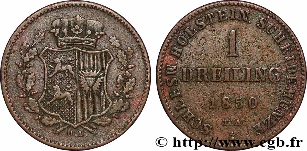 ALLEMAGNE - SCHLESWIG-HOLSTEIN 1 Dreiling armes 1850 TTB
