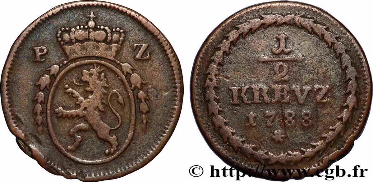 ALLEMAGNE - PALATINAT-DEUX-PONTS 1/2 Kreuzer Charles II Auguste duché de Palatinat-Deux-Ponts 1788 TB+